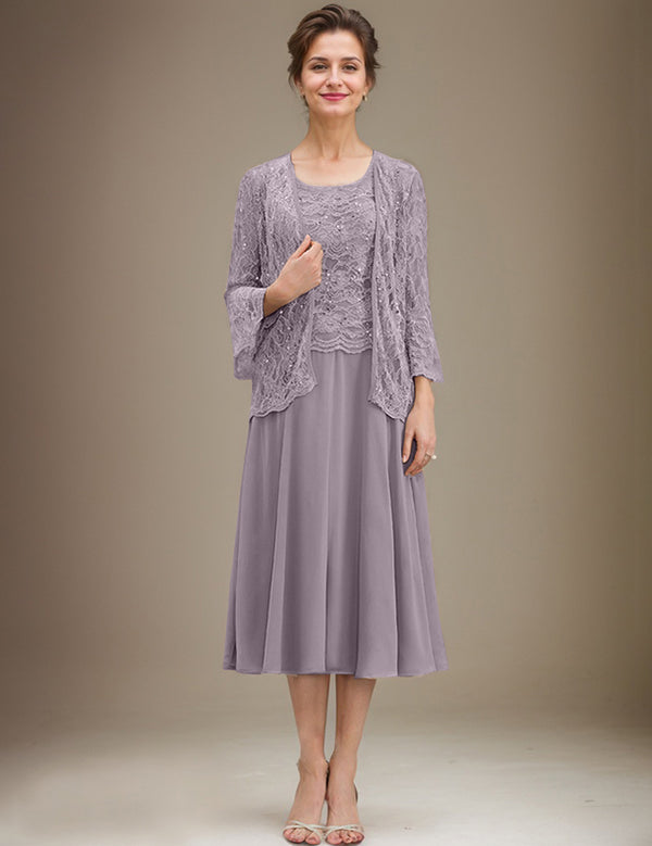 A-line Scoop Tea-Length Lace Chiffon Mother of the Bride Dress With Sequins