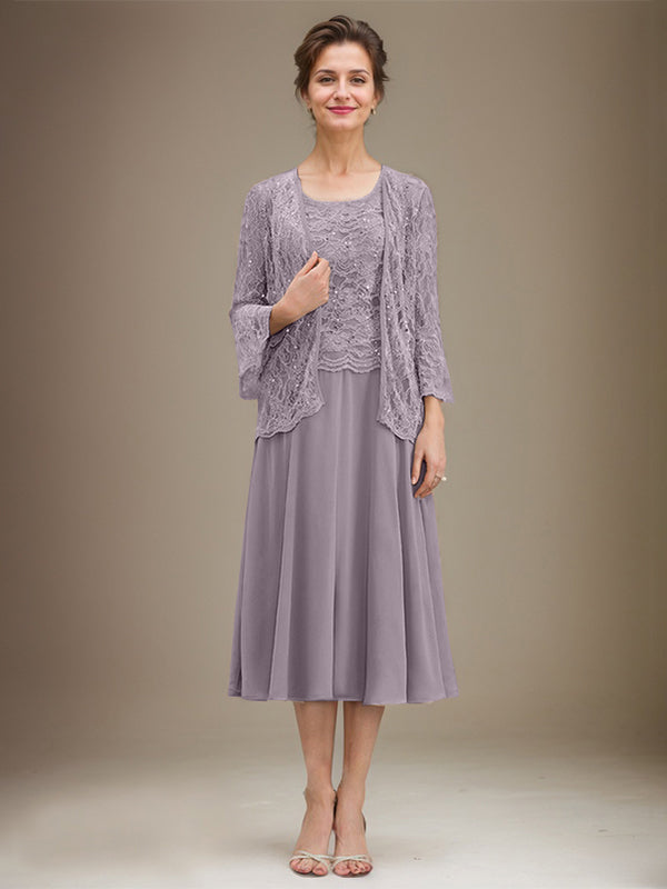 A-line Scoop Tea-Length Lace Chiffon Mother of the Bride Dress With Sequins