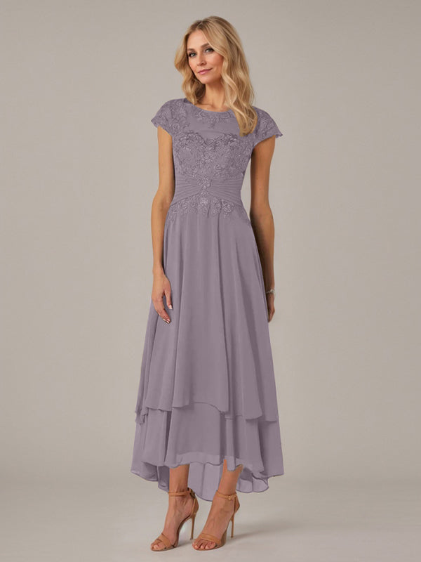 A-line Boat Neck Illusion Asymmetrical Chiffon Lace Mother of the Bride Dress With Applique Pleats