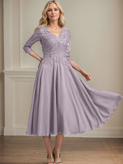 A-line V-Neck Tea-Length Chiffon Lace Mother of the Bride Dress With Beading Sequins