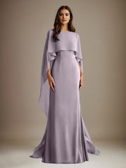 Robe de mère de la mariée en mousseline, coupe fourreau/colonne, col bateau, longueur ras du sol, avec volants en cascade 