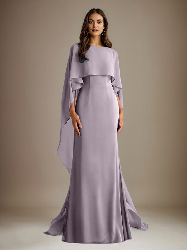 Robe de mère de la mariée en mousseline, coupe fourreau/colonne, col bateau, longueur ras du sol, avec volants en cascade 