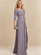 A-line Scoop Illusion Floor-Length Chiffon Lace Mother of the Bride Dress With Beading Sequins Cascading Ruffles