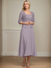 A-line Square Tea-Length Chiffon Lace Mother of the Bride Dress With Sequins Beading