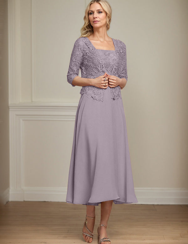 A-line Square Tea-Length Chiffon Lace Mother of the Bride Dress With Sequins Beading