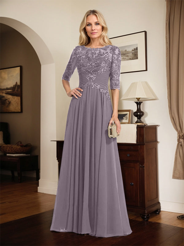 A-line Scoop Illusion Floor-Length Chiffon Lace Mother of the Bride Dress With Pleated Sequins