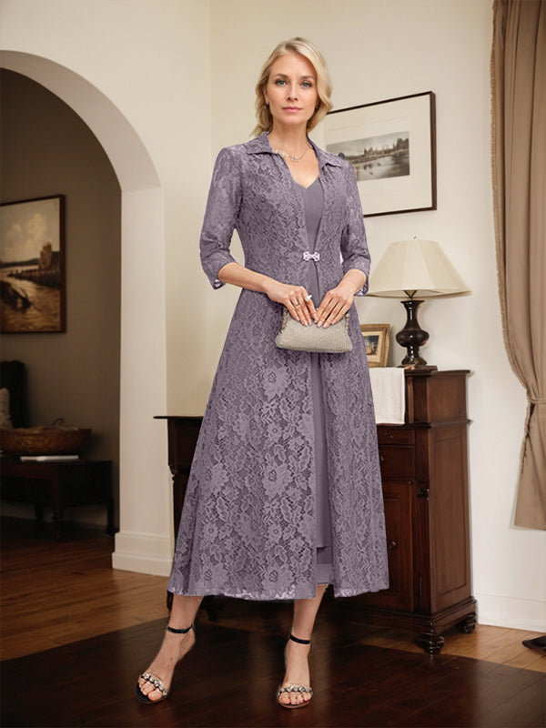 A-line V-Neck Tea-Length Chiffon Mother of the Bride Dress