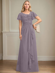 A-line Asymmetrical Illusion Floor-Length Lace Chiffon Mother of the Bride Dress With Cascading Ruffles Sequins