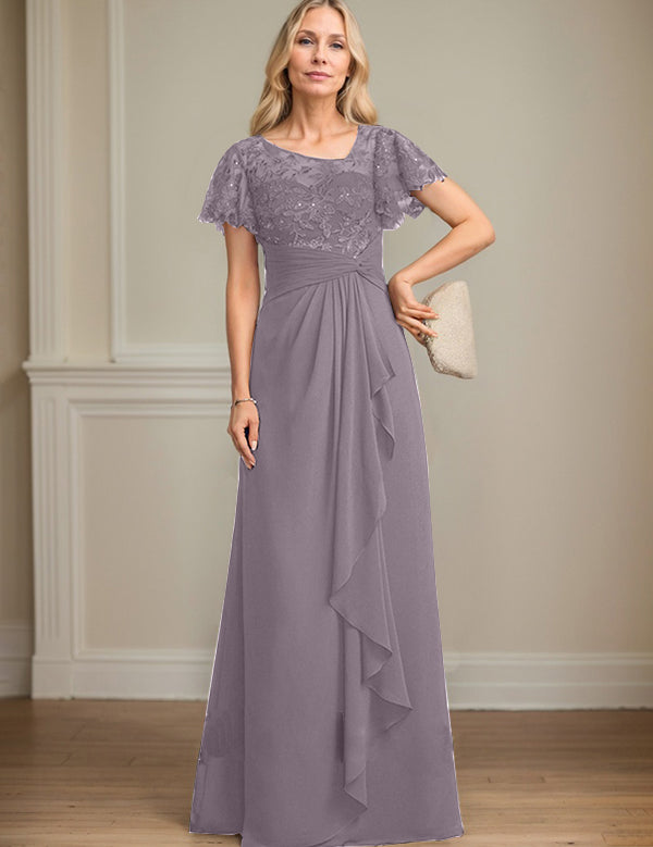 A-line Asymmetrical Illusion Floor-Length Lace Chiffon Mother of the Bride Dress With Cascading Ruffles Sequins
