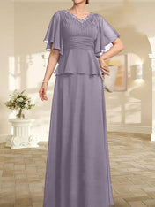 A-line V-Neck Floor-Length Chiffon Mother of the Bride Dress With Pleated Beading
