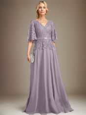 A-line V-Neck Floor-Length Chiffon Lace Mother of the Bride Dress With Crystal Brooch Rhinestone