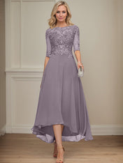 A-line Boat Neck Illusion Asymmetrical Chiffon Lace Mother of the Bride Dress With Sequins Beading