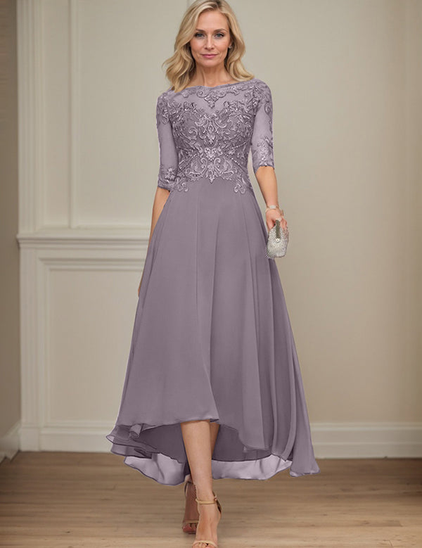 A-line Boat Neck Illusion Asymmetrical Chiffon Lace Mother of the Bride Dress With Sequins Beading