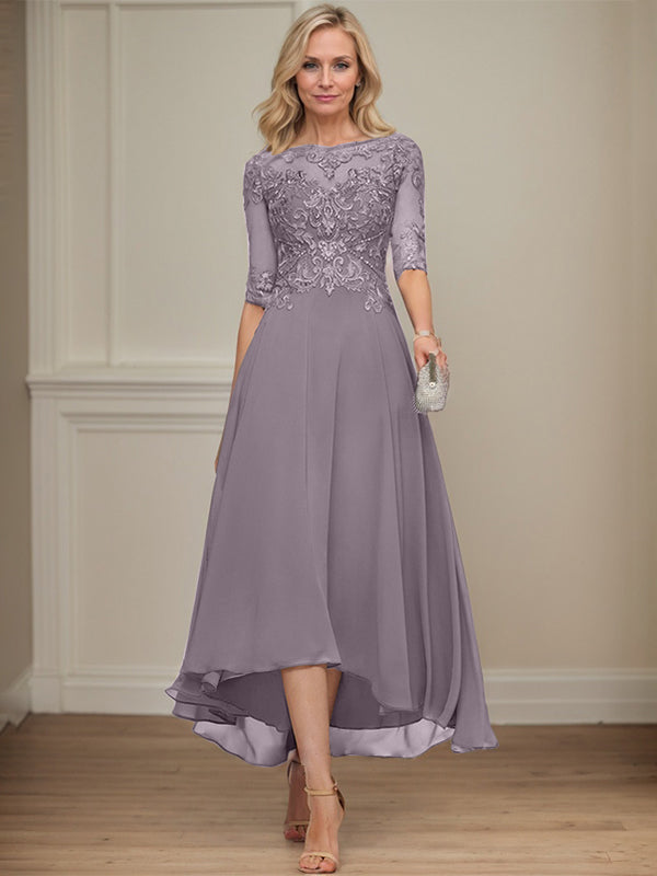 A-line Boat Neck Illusion Asymmetrical Chiffon Lace Mother of the Bride Dress With Sequins Beading