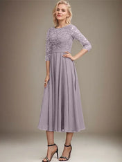 A-line Scoop Tea-Length Lace Chiffon Mother of the Bride Dress With Sequins