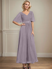 A-line V-Neck Ankle-Length Chiffon Mother of the Bride Dress With Pleated Beading Sequins