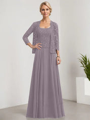 Robe de mère de la mariée trapèze carrée, longueur au sol, en mousseline de soie et dentelle, avec paillettes 