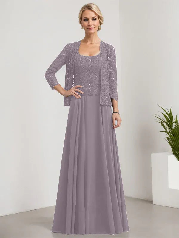 Robe de mère de la mariée trapèze carrée, longueur au sol, en mousseline de soie et dentelle, avec paillettes 