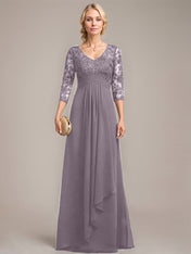 A-line V-Neck Floor-Length Lace Chiffon Mother of the Bride Dress With Cascading Ruffles Sequins