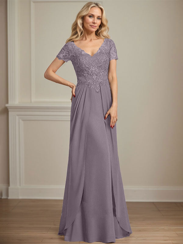 A-line V-Neck Floor-Length Chiffon Lace Mother of the Bride Dress