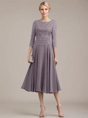 A-line Scoop Tea-Length Lace Chiffon Mother of the Bride Dress