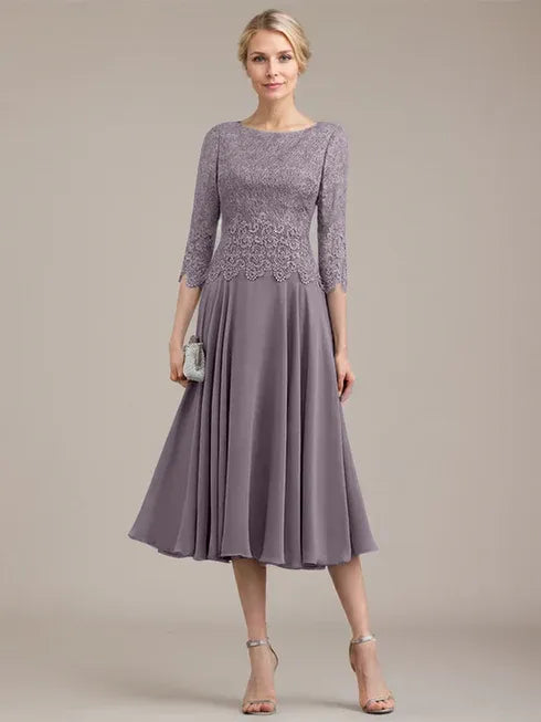 A-line Scoop Tea-Length Lace Chiffon Mother of the Bride Dress