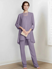 Tailleur-pantalon en mousseline à manches longues pour mère de la mariée avec veste 