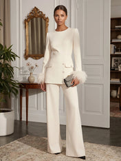 Women's White Two-Piece Set: Buckle Detail Feather-Trimmed Top & Straight-Leg Pants
