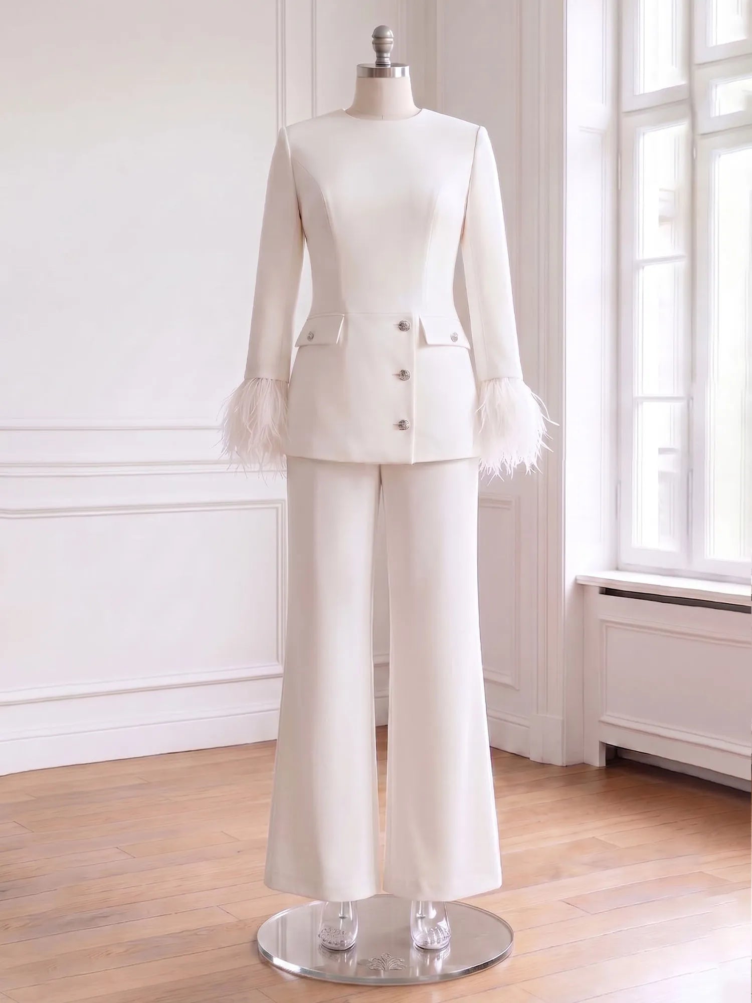 Women's White Two-Piece Set: Buckle Detail Feather-Trimmed Top & Straight-Leg Pants