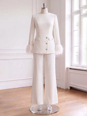 Women's White Two-Piece Set: Buckle Detail Feather-Trimmed Top & Straight-Leg Pants