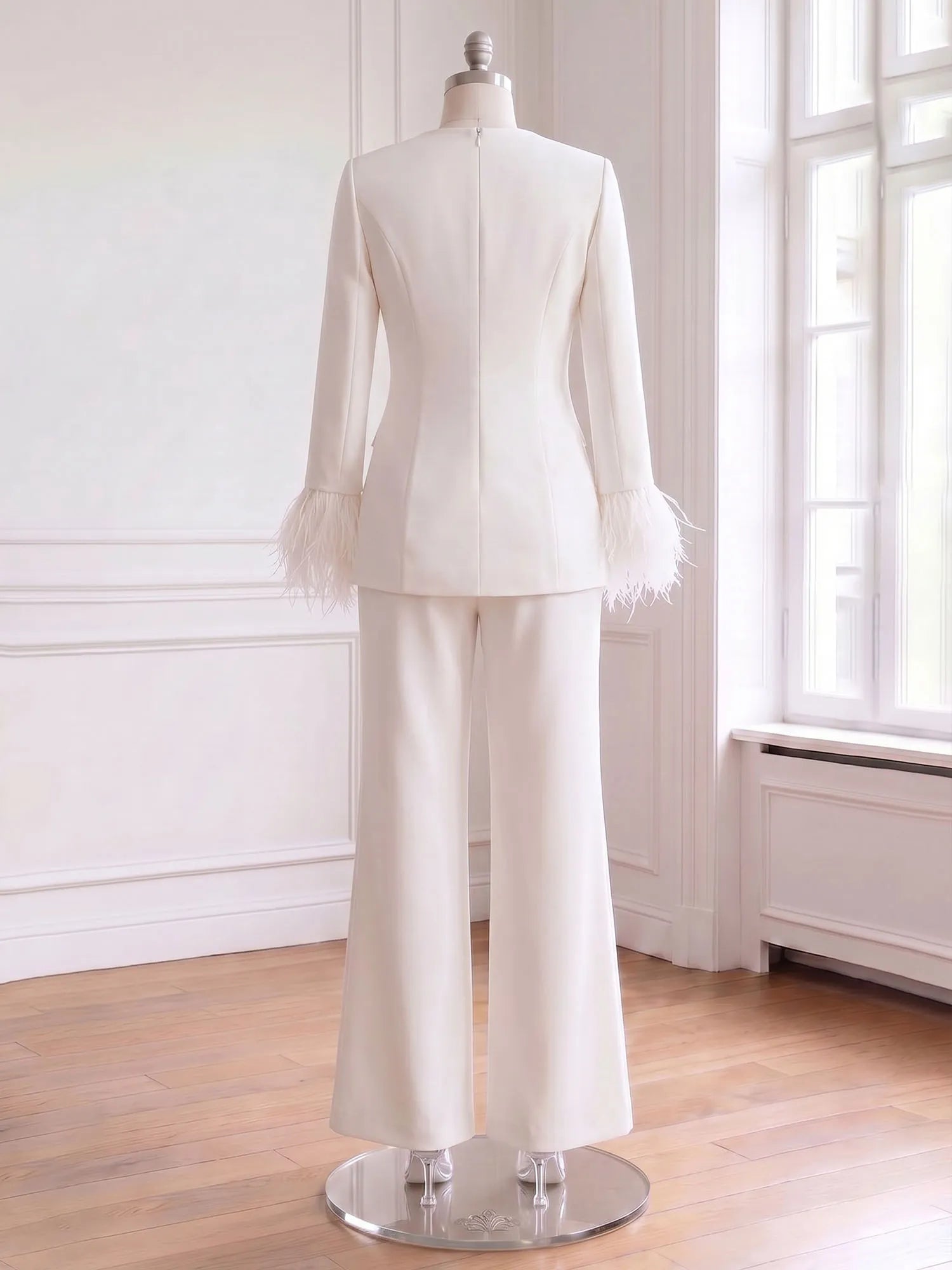 Women's White Two-Piece Set: Buckle Detail Feather-Trimmed Top & Straight-Leg Pants