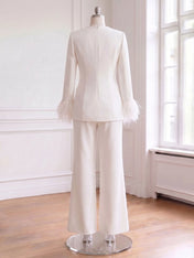 Women's White Two-Piece Set: Buckle Detail Feather-Trimmed Top & Straight-Leg Pants