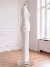 Women's White Two-Piece Set: Buckle Detail Feather-Trimmed Top & Straight-Leg Pants