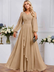 A-line Cold Shoulder V-Neck Floor-Length Chiffon Evening Dress With Cascading Ruffles Beading
