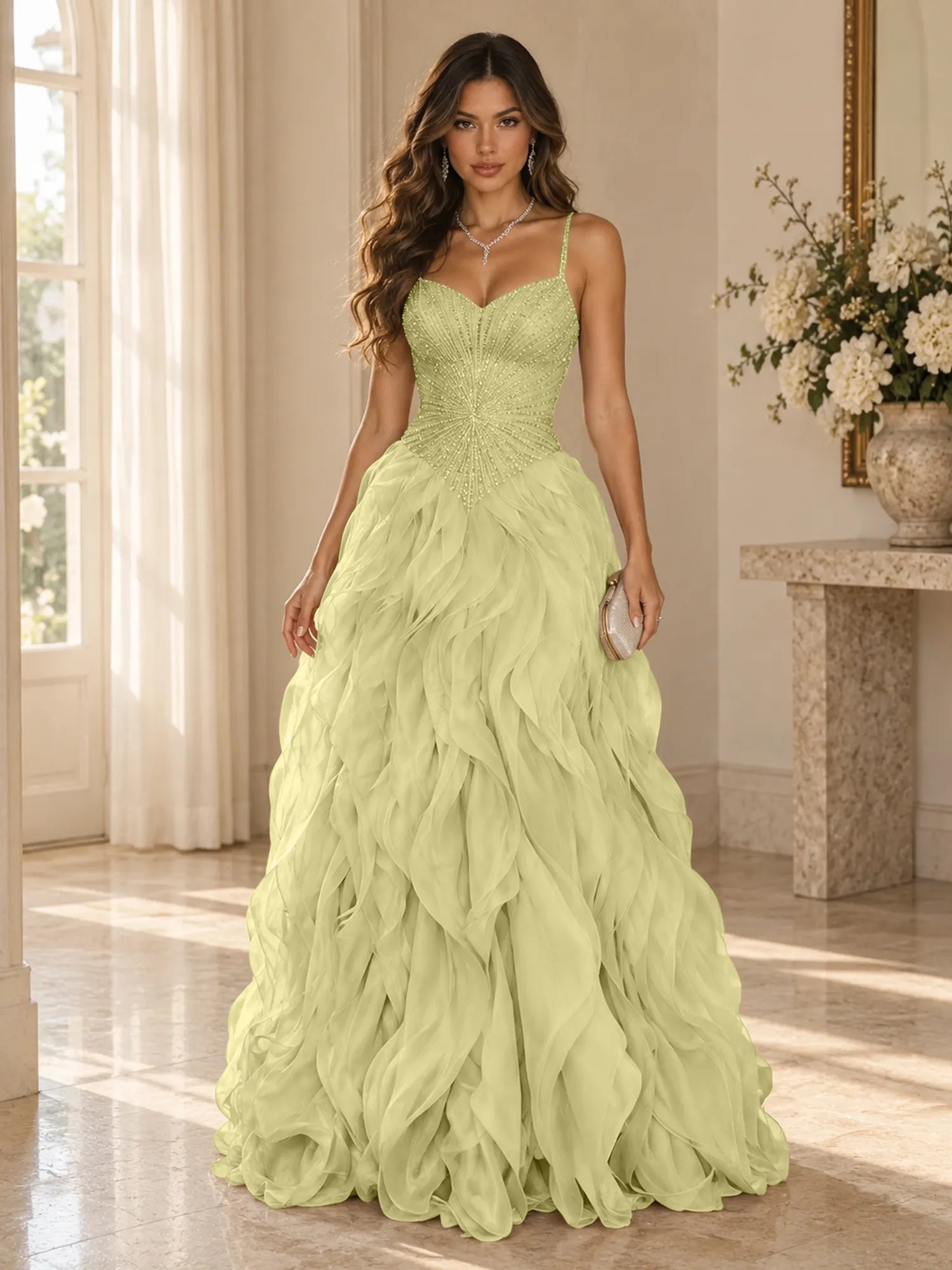 Elegant Beaded Spaghetti Strap Tiered Ruffle Ball Gown Evening Dress