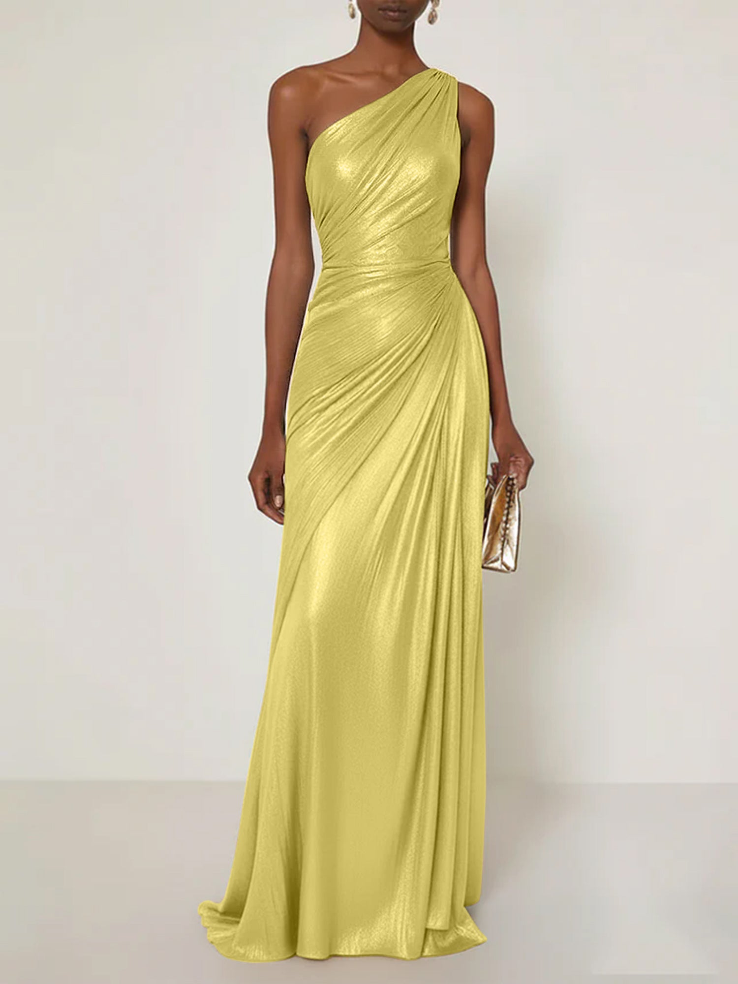 Evening Formal Dress One Shoulder Silk Ruffles Maxi Dress