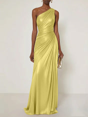 Evening Formal Dress One Shoulder Silk Ruffles Maxi Dress