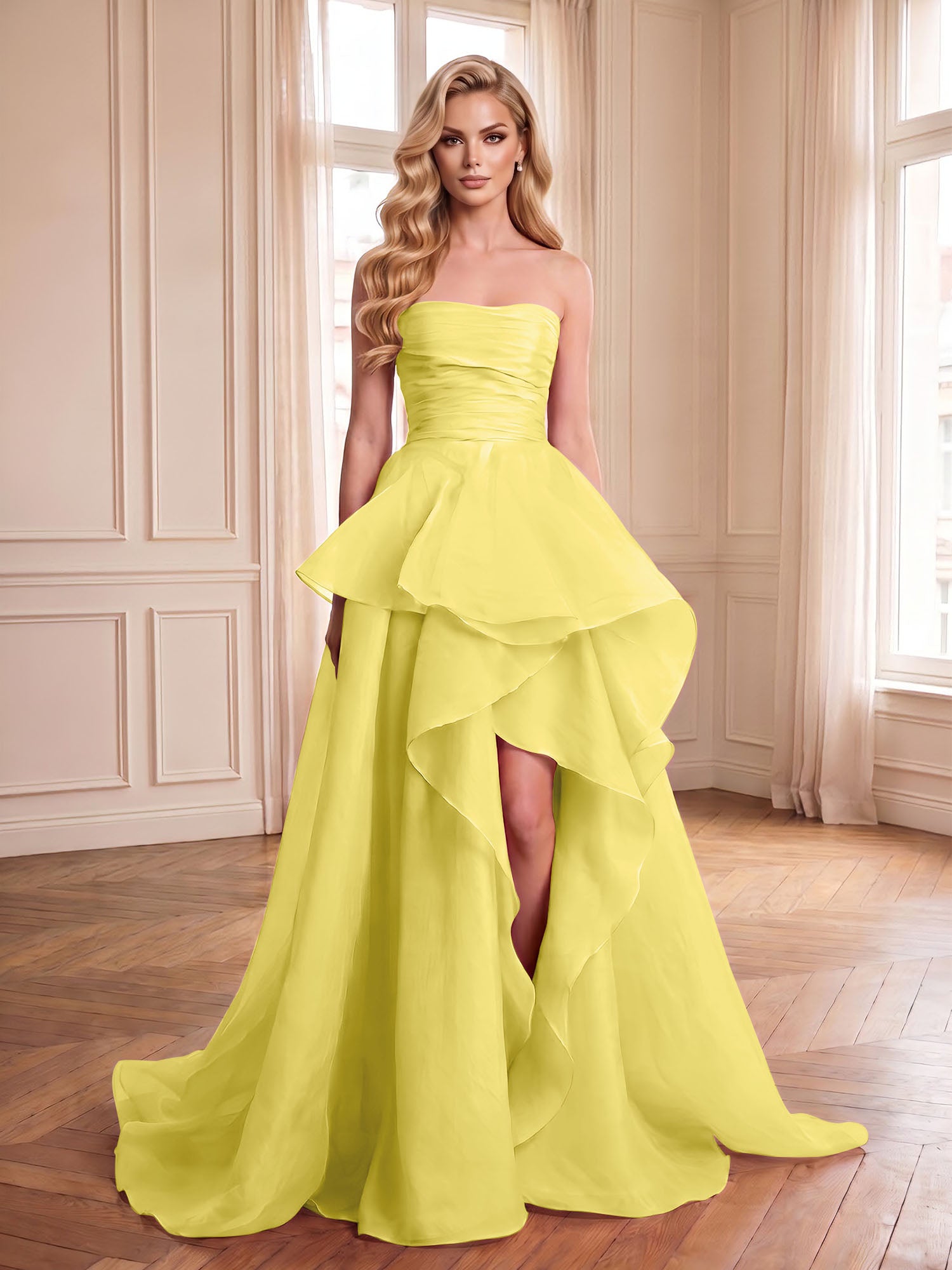 Formal Evening Tiered Dress Pink Strapless Maxi Gown