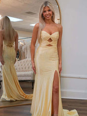 Light Yellow Mermaid Strapless Keyholes Prom Dress with Beads