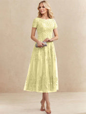 A-line Scoop Tea-Length Tulle Lace Mother of the Bride Dress
