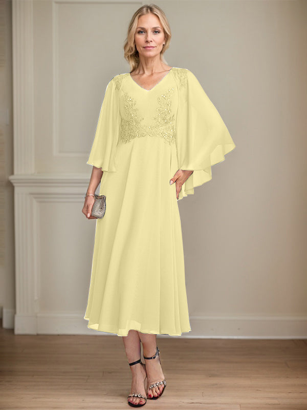 A-line V-Neck Tea-Length Chiffon Lace Mother of the Bride Dress With Beading Sequins
