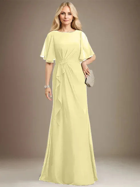 A-line Scoop Floor-Length Chiffon Mother of the Bride Dress With Cascading Ruffles Beading Sequins