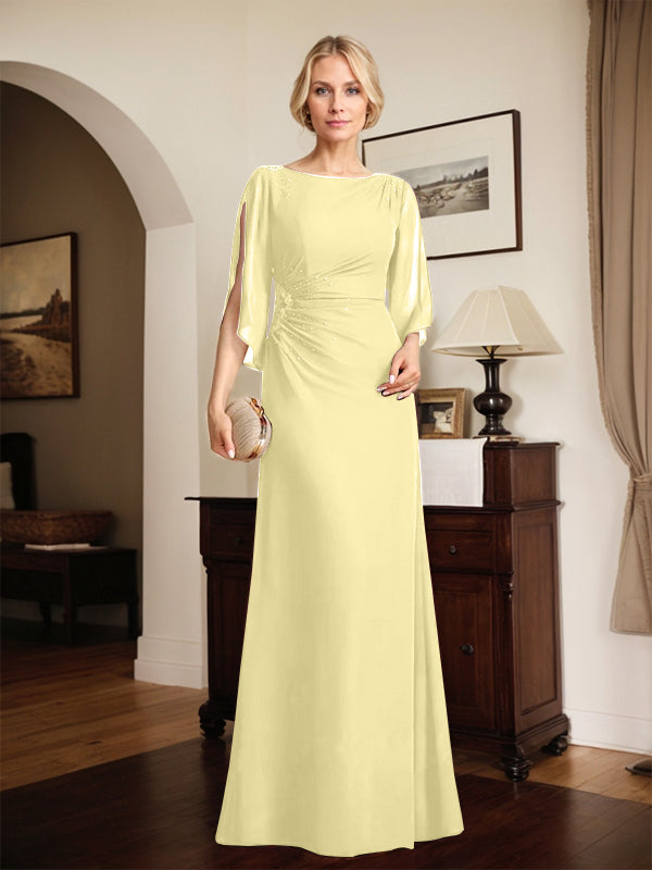 Column Scoop Floor-Length Chiffon Mother of the Bride Dress With Pleated Beading