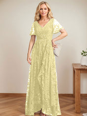 A-Line V-Neck Asymmetrical Lace Mother of the Bride Dress With Cascading Ruffles