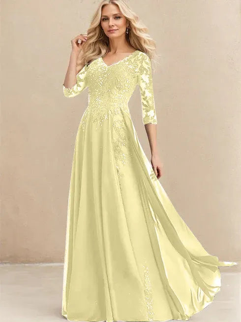 A-line V-Neck Floor-Length Lace Chiffon Mother of the Bride Dress With Sequins