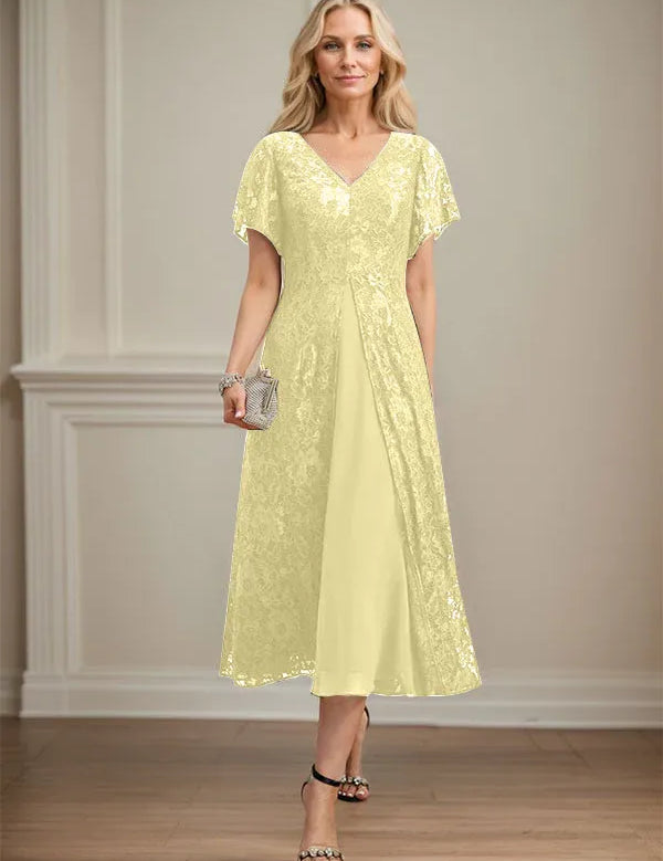 A-line V-Neck Tea-Length Lace Chiffon Mother of the Bride Dress