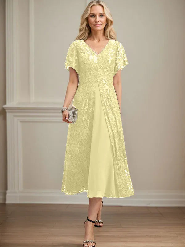 Robe de mère de la mariée en mousseline de soie, coupe trapèze, col en V et longueur thé 