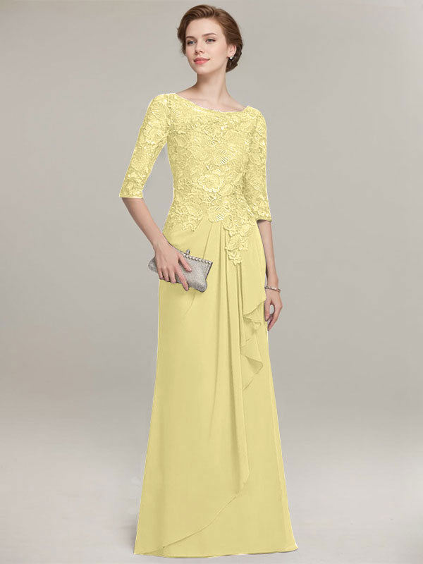 A-line Scoop Illusion Floor-Length Lace Chiffon Mother of the Bride Dress With Cascading Ruffles