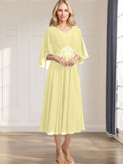 A-line V-Neck Tea-Length Chiffon Mother of the Bride Dress With Pleated Sequins Appliques Lace Beadind