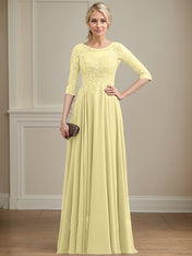 A-line Scoop Illusion Floor-Length Lace Chiffon Mother of the Bride Dress With Sequins